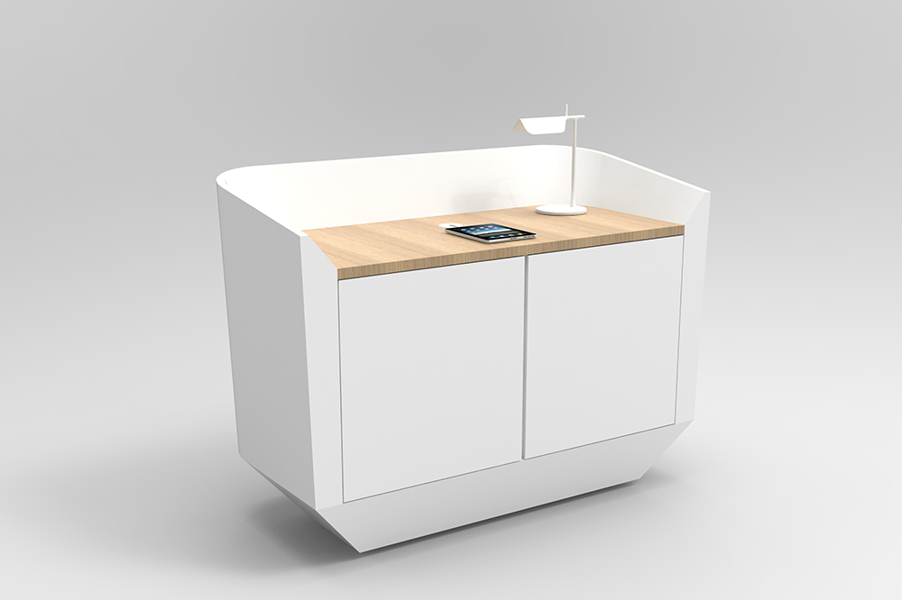 Umi Concierge Desk with oak worktop and solid surface cupboard2