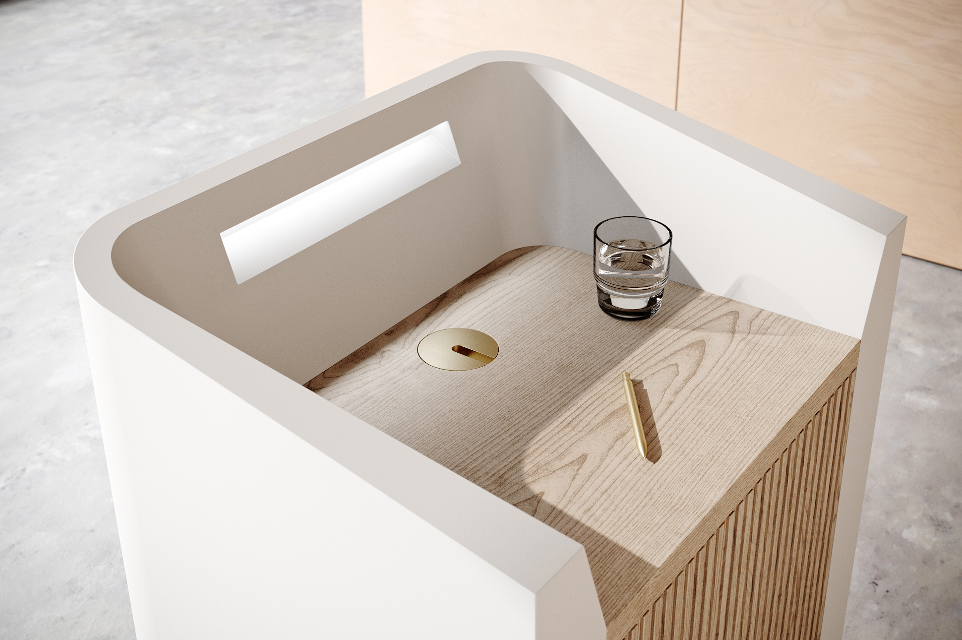 Umi Solid Surface Lectern Greeter Desk Oak worktop detail2