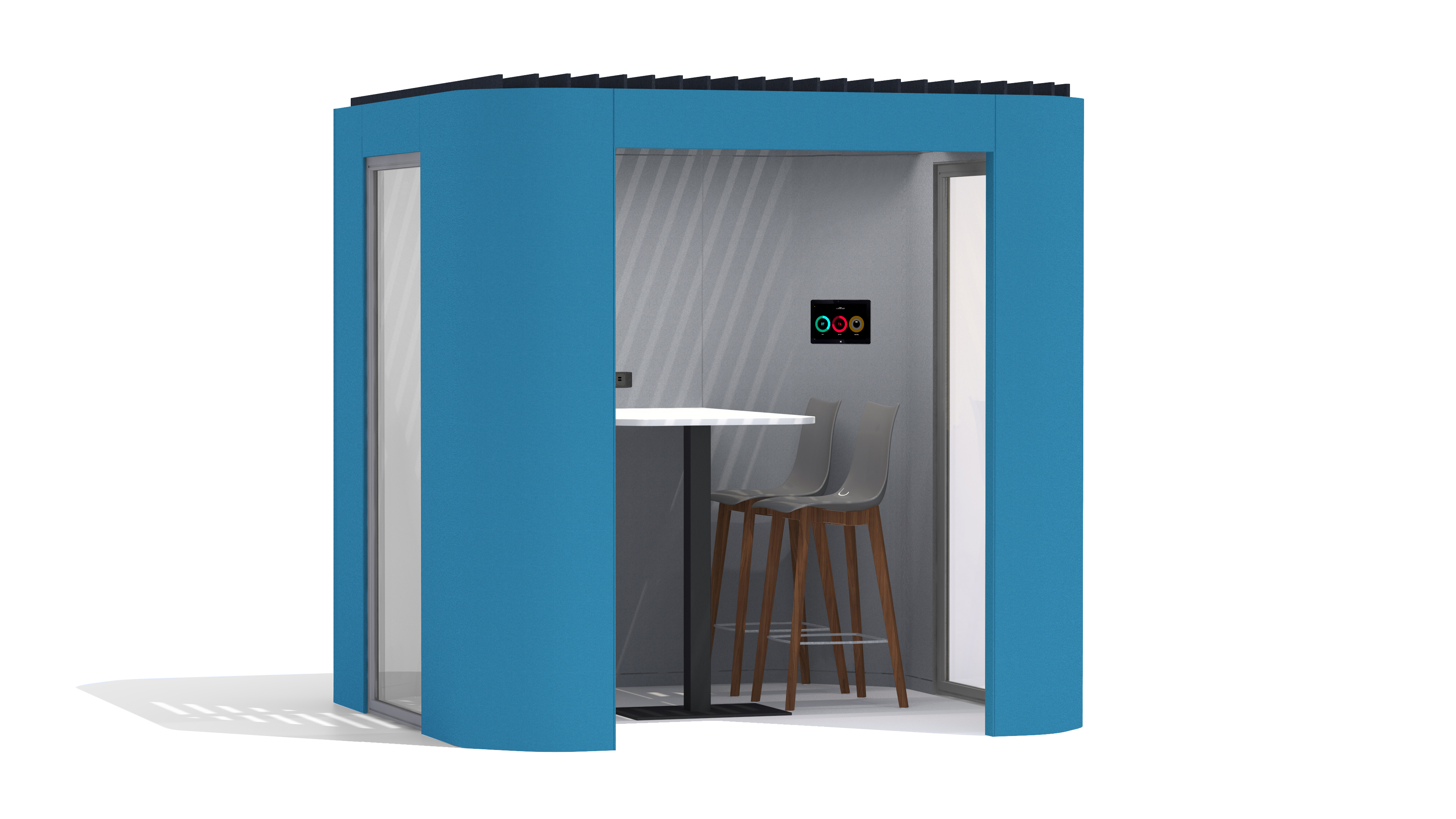 Oasis Soft Booth Team Metal table to left with panels