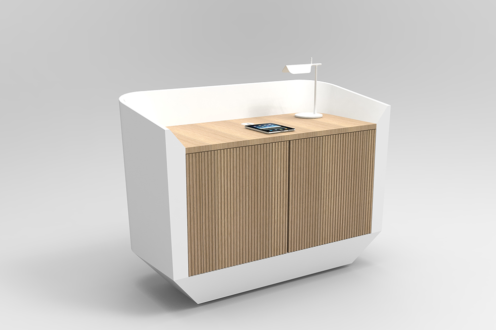 Umi Concierge Desk with oak worktop and cupboard2