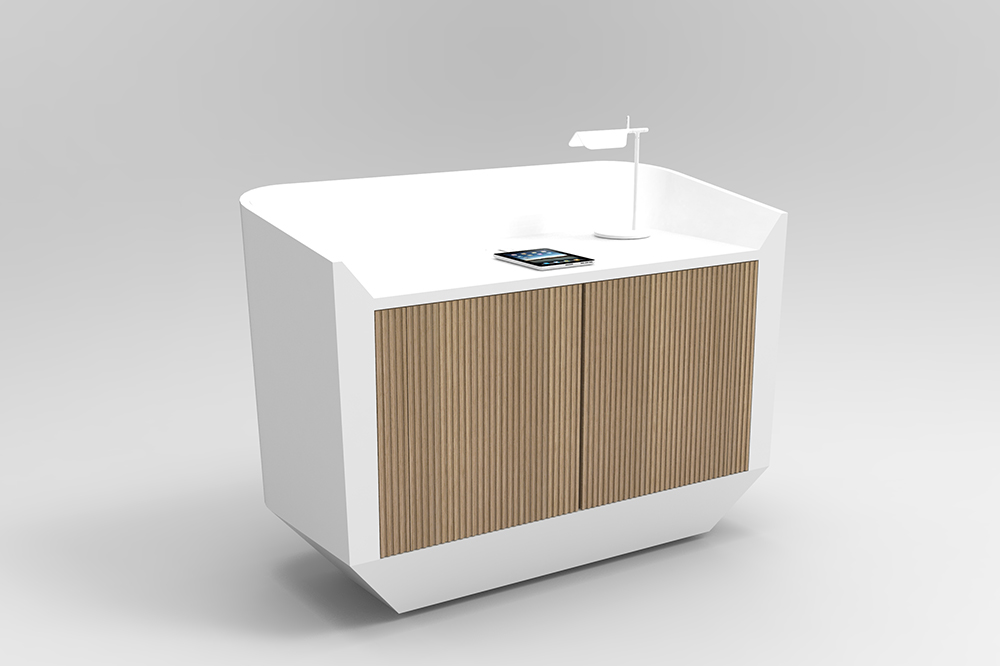 Umi Concierge Desk with solid surface worktop and oak cupboard2