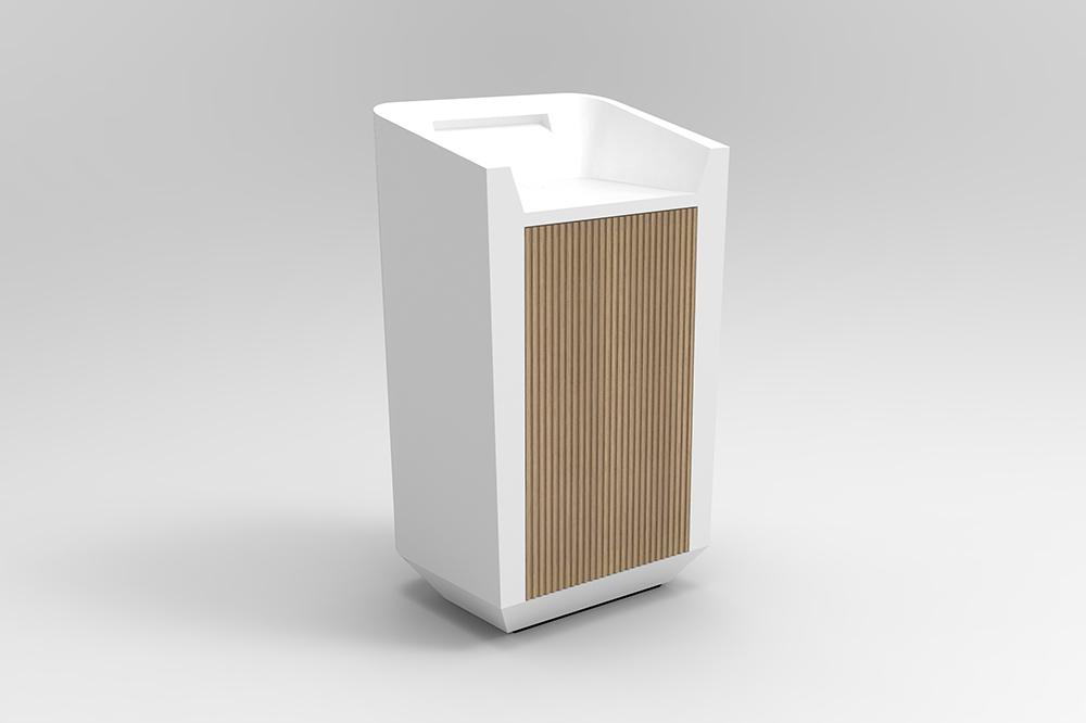 Umi Lectern Concierge Desk with solid surface worktop and oak cupboard2