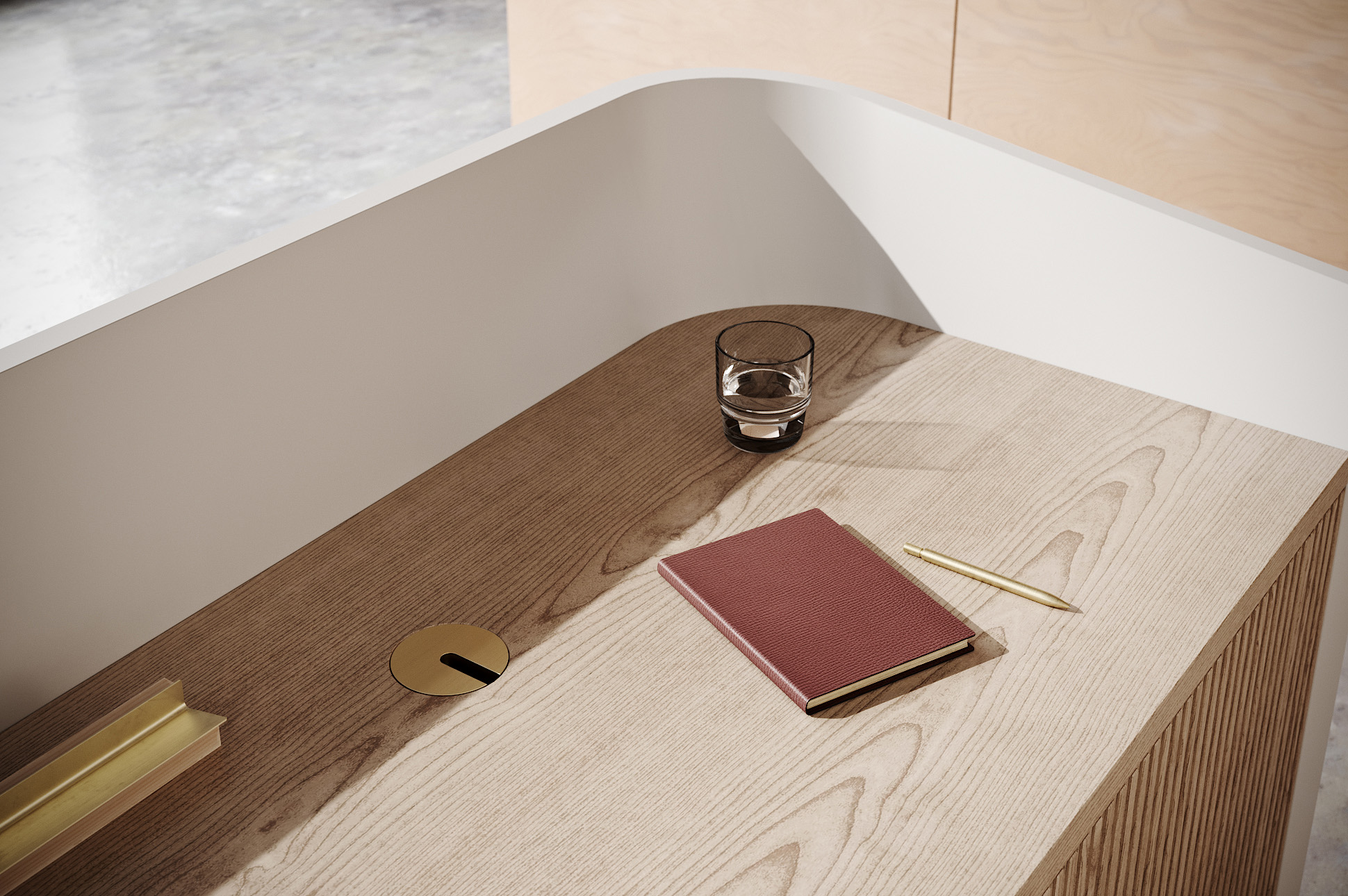 Umi Solid Surface Concierge Desk Oak worktop detail2